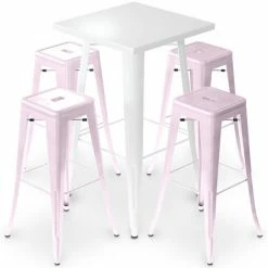 Offres 😍 PRIVATEFLOOR Table De Bar Blanche + X4 Tabourets De Bar En Acier Mat Set Bistrot Stylix Design Industriel - Nouvelle édition Rose Pâle - - Rose Pâle ✨
