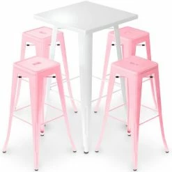 Meilleure affaire 😀 PRIVATEFLOOR Table De Bar Blanche + X4 Tabourets De Bar En Acier Mat Set Bistrot Stylix Design Industriel - Nouvelle édition Rose - - Rose 🥰