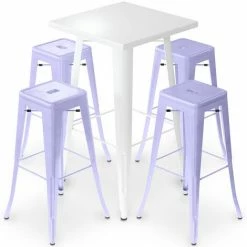 Bon marché 👍 PRIVATEFLOOR Table De Bar Blanche + X4 Tabourets De Bar En Acier Mat Set Bistrot Stylix Design Industriel - Nouvelle édition Lavande - - Lavande ⭐