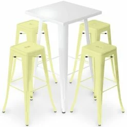 Acheter 🧨 PRIVATEFLOOR Table De Bar Blanche + X4 Tabourets De Bar En Acier Mat Set Bistrot Stylix Design Industriel - Nouvelle édition Jaune Pâle - - Jaune Pâle 😉