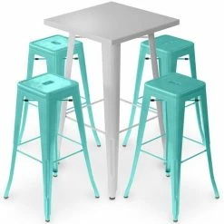 Remise 🔥 PRIVATEFLOOR Table De Bar Argentée + X4 Tabourets De Bar En Acier Mat Ensemble Bistrot Stylix Design Industriel - Nouvelle édition Vert Pastel - - Vert Pastel ✔️