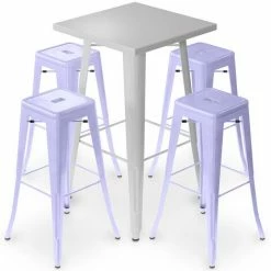 Bon marché 🔔 PRIVATEFLOOR Table De Bar Argentée + X4 Tabourets De Bar En Acier Mat Ensemble Bistrot Stylix Design Industriel - Nouvelle édition Lavande - - Lavande 🎁