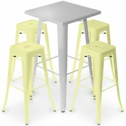 Nouveau 😉 PRIVATEFLOOR Table De Bar Argentée + X4 Tabourets De Bar En Acier Mat Ensemble Bistrot Stylix Design Industriel - Nouvelle édition Jaune Pâle - - Jaune Pâle 🔥
