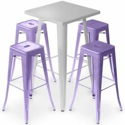 De gros 🧨 PRIVATEFLOOR Table De Bar Argentée + X4 Tabourets De Bar En Acier Mat Ensemble Bistrot Stylix Design Industriel - Nouvelle édition Violet Pastel - - Violet Pastel 👏