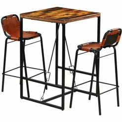 Meilleure vente 😀 Topdeal Ensemble De Bar 3 Pcs Bois Massif Recyclé Et Cuir De Chèvre 🔥