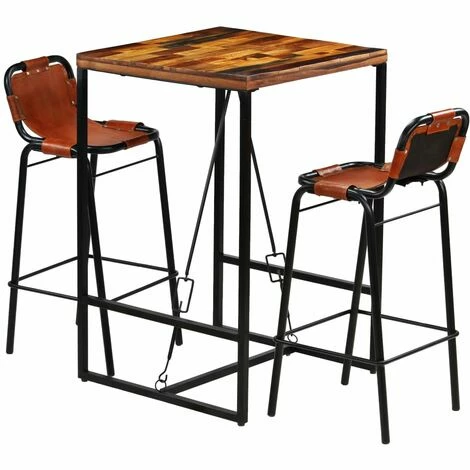 Meilleure vente 😀 Topdeal Ensemble De Bar 3 Pcs Bois Massif Recyclé Et Cuir De Chèvre 🔥 3 Meilleure vente 😀 Topdeal Ensemble De Bar 3 Pcs Bois Massif Recyclé Et Cuir De Chèvre 🔥