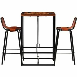 Meilleure vente 😀 Topdeal Ensemble De Bar 3 Pcs Bois Massif Recyclé Et Cuir De Chèvre 🔥 9 Meilleure vente 😀 Topdeal Ensemble De Bar 3 Pcs Bois Massif Recyclé Et Cuir De Chèvre 🔥 -Table haute Boutique 52085593 3