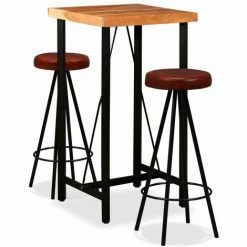 Tout neuf ❤️ Topdeal Ensemble De Bar 3 Pcs Bois D'acacia Massif Et Cuir Véritable ⌛
