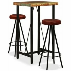 Meilleure vente 👏 Topdeal Ensemble De Bar 3 Pcs Bois Massif Recyclé Et Cuir Véritable 🤩