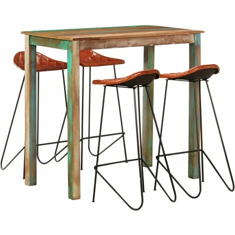Le moins cher 👏 Topdeal Ensemble De Bar 5 Pcs Bois De Récupération Et Cuir Véritable 😀 3 Le moins cher 👏 Topdeal Ensemble De Bar 5 Pcs Bois De Récupération Et Cuir Véritable 😀