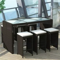 Sortie 🎁 Topdeal Meuble De Bar De Jardin 7 Pcs Et Coussins Résine Tressée Marron ⭐