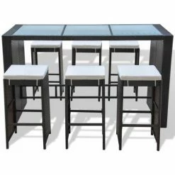 Sortie 🎁 Topdeal Meuble De Bar De Jardin 7 Pcs Et Coussins Résine Tressée Marron ⭐ -Table haute Boutique 52090543 3