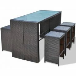 Sortie 🎁 Topdeal Meuble De Bar De Jardin 7 Pcs Et Coussins Résine Tressée Marron ⭐ -Table haute Boutique 52090543 5