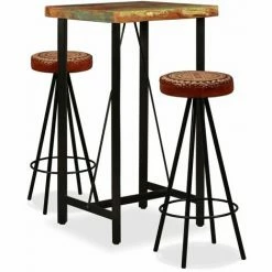 Grosses soldes 😍 Topdeal Ensemble De Bar 3 Pcs Bois De Récupération Cuir Véritable Et Toile VDFF18076_FR ⭐