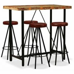 Promo 😉 Topdeal Ensemble De Bar 5 Pcs Bois Massif Recyclé Et Cuir Véritable VDFF18077_FR 🔔
