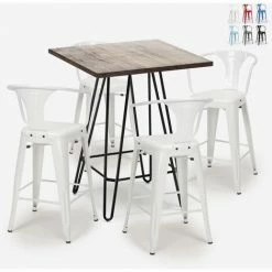 Budget ✔️ AHD AMAZING HOME DESIGN Ensemble Table Bois 60x60cm 4 Tabourets Tolix Industriel Cuisine Bar Mason Noix | Couleur: Blanc 😀