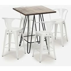 Budget ✔️ AHD AMAZING HOME DESIGN Ensemble Table Bois 60x60cm 4 Tabourets Tolix Industriel Cuisine Bar Mason Noix | Couleur: Blanc 😀 -Table haute Boutique 52645027 3
