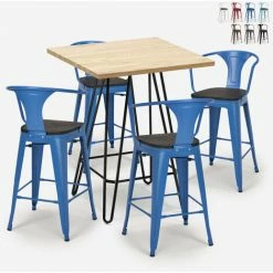 Acheter ⌛ AHD AMAZING HOME DESIGN Ensemble 4 Tabourets Tolix Table Bois Métal 60x60cm Industriel Mason Wood | Couleur: Bleu 👍