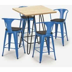 Acheter ⌛ AHD AMAZING HOME DESIGN Ensemble 4 Tabourets Tolix Table Bois Métal 60x60cm Industriel Mason Wood | Couleur: Bleu 👍 -Table haute Boutique 52645044 3