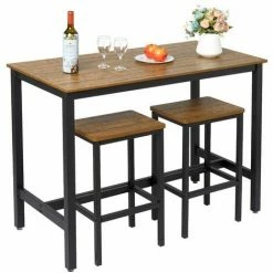 Sortie 👍 Ensemble Table Et 2 Tabourets Style De Bar En Fer Et Bois-Table Et Chaises Pour Cuisine, Bar, Café, Grain Foncé-Meerveil 🧨