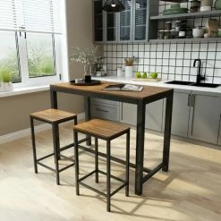 Sortie 👍 Ensemble Table Et 2 Tabourets Style De Bar En Fer Et Bois-Table Et Chaises Pour Cuisine, Bar, Café, Grain Foncé-Meerveil 🧨 -Table haute Boutique 53940181 3