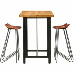 Vente flash 🥰 Hommoo Ensemble De Bar 5 Pcs Bois Solide Et Cuir Veritable 🎉 -Table haute Boutique 54056816 3