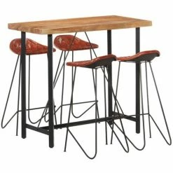 De gros ❤️ Hommoo Ensemble De Bar 5 Pcs Bois Solide Et Cuir Veritable 🌟