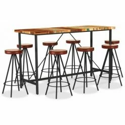 Le moins cher ⭐ Hommoo Ensemble De Bar 9 Pcs Bois De Recuperation Et Cuir Veritable 😍
