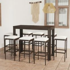 Promo 🧨 TRUE DEAL Meuble De Bar De Jardin 9 Pcs Et Coussins Résine Tressée Marron 👏