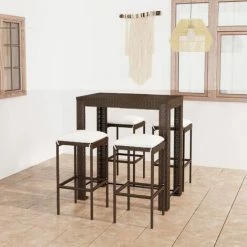 Remise ⭐ TRUE DEAL Meuble De Bar De Jardin 5 Pcs Et Coussins Résine Tressée Marron 😉