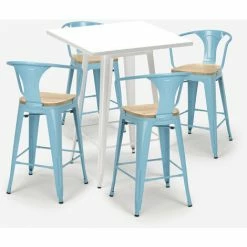 Bon marché 🥰 AHD AMAZING HOME DESIGN Ensemble Table Métal Blanc 60x60cm 4 Tabourets Tolix Bucket White Top Light | Couleur: Turquoise 🛒 -Table haute Boutique 54641082 3