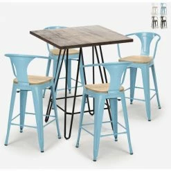 Bon marché 💯 AHD AMAZING HOME DESIGN Ensemble Table Haute 60x60cm 4 Tabourets Tolix Bar Cuisine Mason Noix Top Light | Couleur: Turquoise 🌟