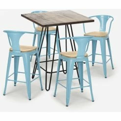 Bon marché 💯 AHD AMAZING HOME DESIGN Ensemble Table Haute 60x60cm 4 Tabourets Tolix Bar Cuisine Mason Noix Top Light | Couleur: Turquoise 🌟 -Table haute Boutique 54641103 3