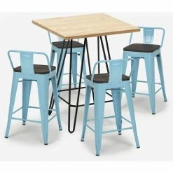 Vente flash 🔥 AHD AMAZING HOME DESIGN Ensemble 4 Tabourets Style Tolix Table Haute Bois Métal 60x60cm Industriel Mason Steel Top | Couleur: Turquoise ✨ -Table haute Boutique 54641107 3