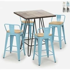Acheter ❤️ AHD AMAZING HOME DESIGN Ensemble 4 Tabourets Style Tolix Table 60x60cm Industriel Mason Noix Steel Top Light | Couleur: Turquoise 🥰