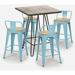 Acheter ❤️ AHD AMAZING HOME DESIGN Ensemble 4 Tabourets Style Tolix Table 60x60cm Industriel Mason Noix Steel Top Light | Couleur: Turquoise 🥰 -Table haute Boutique 54641113 3