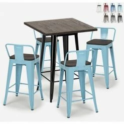 Promo 💯 AHD AMAZING HOME DESIGN Ensemble 4 Tabourets Style Tolix Table 60x60cm Bois Métal Industriel Peaky Black | Couleur: Turquoise ⭐