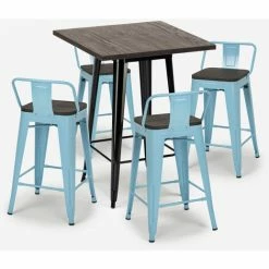Promo 💯 AHD AMAZING HOME DESIGN Ensemble 4 Tabourets Style Tolix Table 60x60cm Bois Métal Industriel Peaky Black | Couleur: Turquoise ⭐ -Table haute Boutique 54641142 3