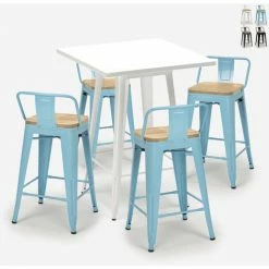 Tout neuf ⌛ AHD AMAZING HOME DESIGN Ensemble 4 Tabourets Style Tolix Table Blanche 60x60cm Industriel Bucket Steel White | Couleur: Turquoise 👏