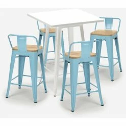 Tout neuf ⌛ AHD AMAZING HOME DESIGN Ensemble 4 Tabourets Style Tolix Table Blanche 60x60cm Industriel Bucket Steel White | Couleur: Turquoise 👏 -Table haute Boutique 54641161 3