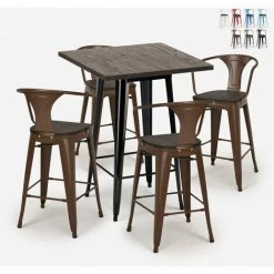 Promo 🌟 AHD AMAZING HOME DESIGN Ensemble 4 Tabourets Tolix Table Haute 60x60cm Métal Industriel Bruck Wood Black | Couleur: Marron 🎉