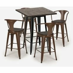 Promo 🌟 AHD AMAZING HOME DESIGN Ensemble 4 Tabourets Tolix Table Haute 60x60cm Métal Industriel Bruck Wood Black | Couleur: Marron 🎉 -Table haute Boutique 54641170 3