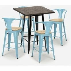 Sortie ✨ AHD AMAZING HOME DESIGN Ensemble Table Haute 60x60cm 4 Tabourets Tolix Bar Cuisine Bruck Black Top Light | Couleur: Turquoise 🎁 -Table haute Boutique 54641186 3