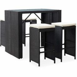 Acheter ❤️ Topdeal Mobilier De Bar D'extérieur 5 Pcs Résine Tressée Et Verre Noir FF49568_FR 🛒