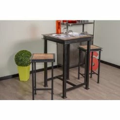 Promo 😍 MEUBLE HOUSE Table Haute Carrée Métal Et Bois 70x70cm "IPN" - Noir ❤️