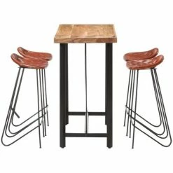 Bon marché 🔔 Topdeal Ensemble De Bar 5 Pcs Bois Solide Et Cuir Véritable FF278763_FR ❤️ -Table haute Boutique 56578595 3