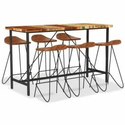 Coupon 🛒 Topdeal Ensemble De Bar 7 Pcs Bois De Récupération Et Cuir Véritable FF3053447_FR 🔥