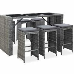 Offres 🎉 INLIFE Meuble De Bar De Jardin 7 Pcs Et Coussins Résine Tressée Gris ⭐ -Table haute Boutique 57884966 2