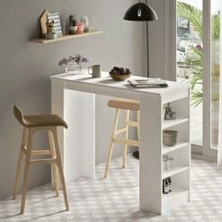 De gros 🛒 COTECOSY Table De Bar Caron Avec Rangement 3 étagères En Bois Blanc - Blanc 😉 -Table haute Boutique 59105818 2