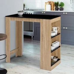 Meilleure affaire 😍 IDMARKET Table De Bar BARTH 2 à 4 Personnes Bois Imitation Hêtre Plateau Noir ❤️